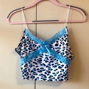 y2k blue lace leopard print crop top